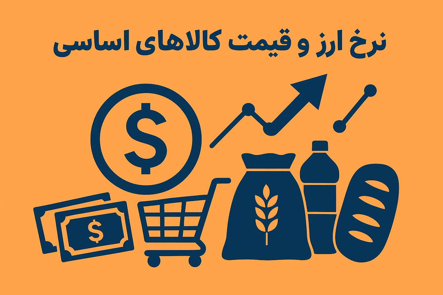 ینفوگرافیک تاثیر نوسانات نرخ ارز بر قیمت کالاهای اساسی در ایران، شامل نماد دلار، نمودار صعودی و اقلام ضروری مانند برنج، نان و روغن