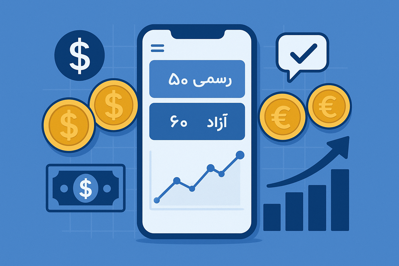 تصویر مفهومی از نرخ رسمی و آزاد ارز با طراحی مدرن و مینیمال؛ شامل نمایش نمودار قیمتی، سکه‌های طلا، آیکون دلار و یورو و یک گوشی هوشمند برای رصد لحظه‌ای نرخ ارز